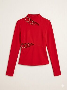 Red Long-Sleeve Cutout Top with Gold Ring Detail